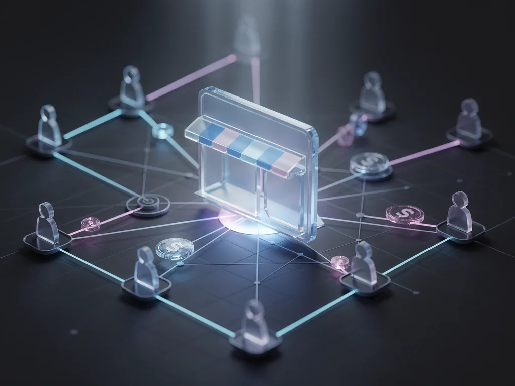 Network of people nodes linked to a storefront, with reward tokens