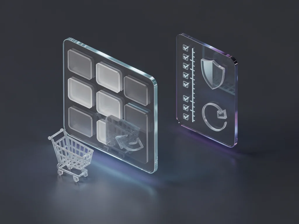 Storefront beside an operations panel with check marks and a rollback arrow