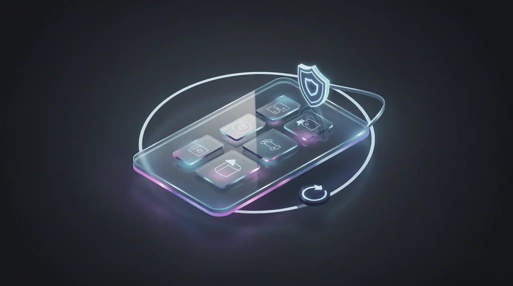 Storefront card inside a glowing protective ring with a shield and a refresh arrow